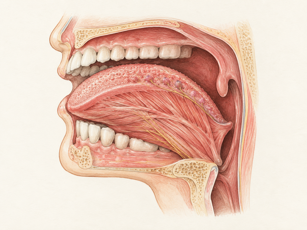 A sagittal cross-section of the mouth showing the tongue's interlacing muscle fibers and surface papillae between the teeth and palate, with the throat opening behind, illustrating the tongue's roles in taste, speech, swallowing, and breathing.