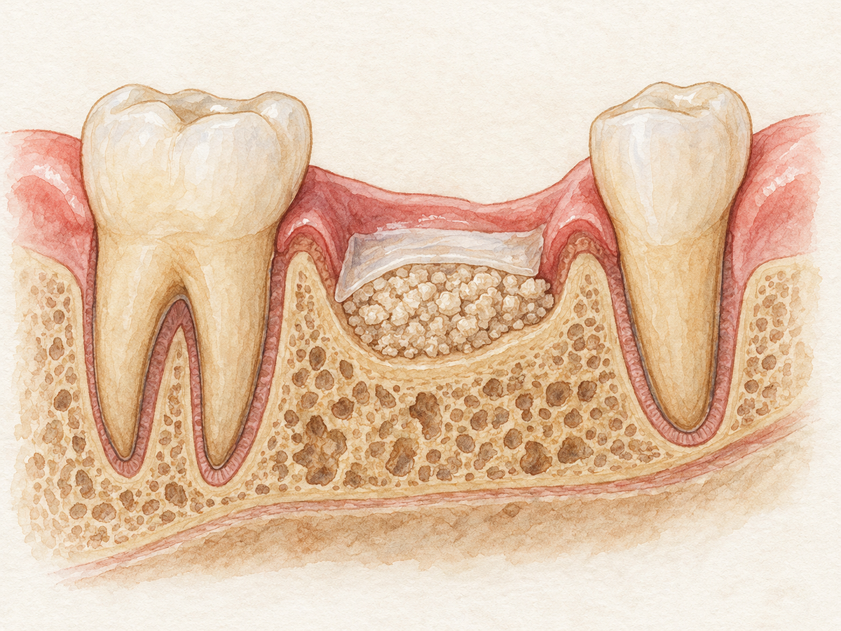 Cross-section of a jaw with two natural teeth and a missing tooth site, where the shrunken alveolar ridge is rebuilt by bone graft granules under a membrane, showing how grafting restores bone for a future implant.