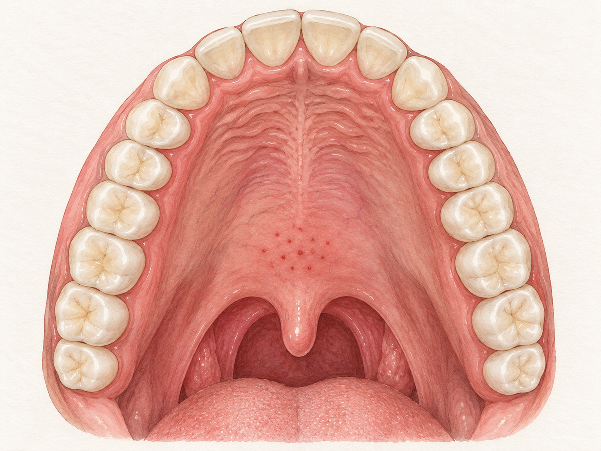 View of the roof of the mouth from below showing the ridged hard palate, soft palate, and uvula, with a small cluster of flat pinpoint red spots on the soft palate, illustrating how minor suction or friction can cause harmless palatal petechiae.