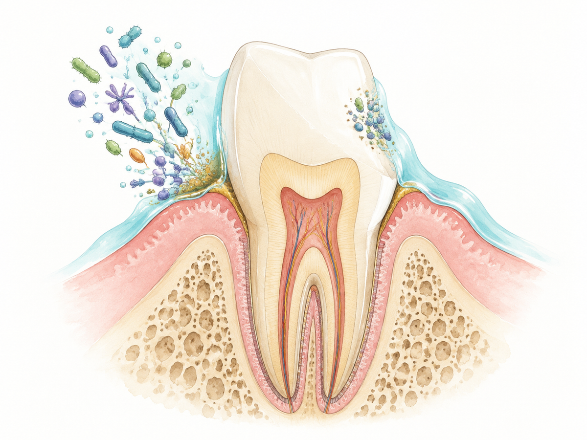 A tooth and gum cross-section with a translucent rinse covering the gum line and a thin plaque layer, where varied microbes lift away near the gums and bacteria cluster on the tooth surface.