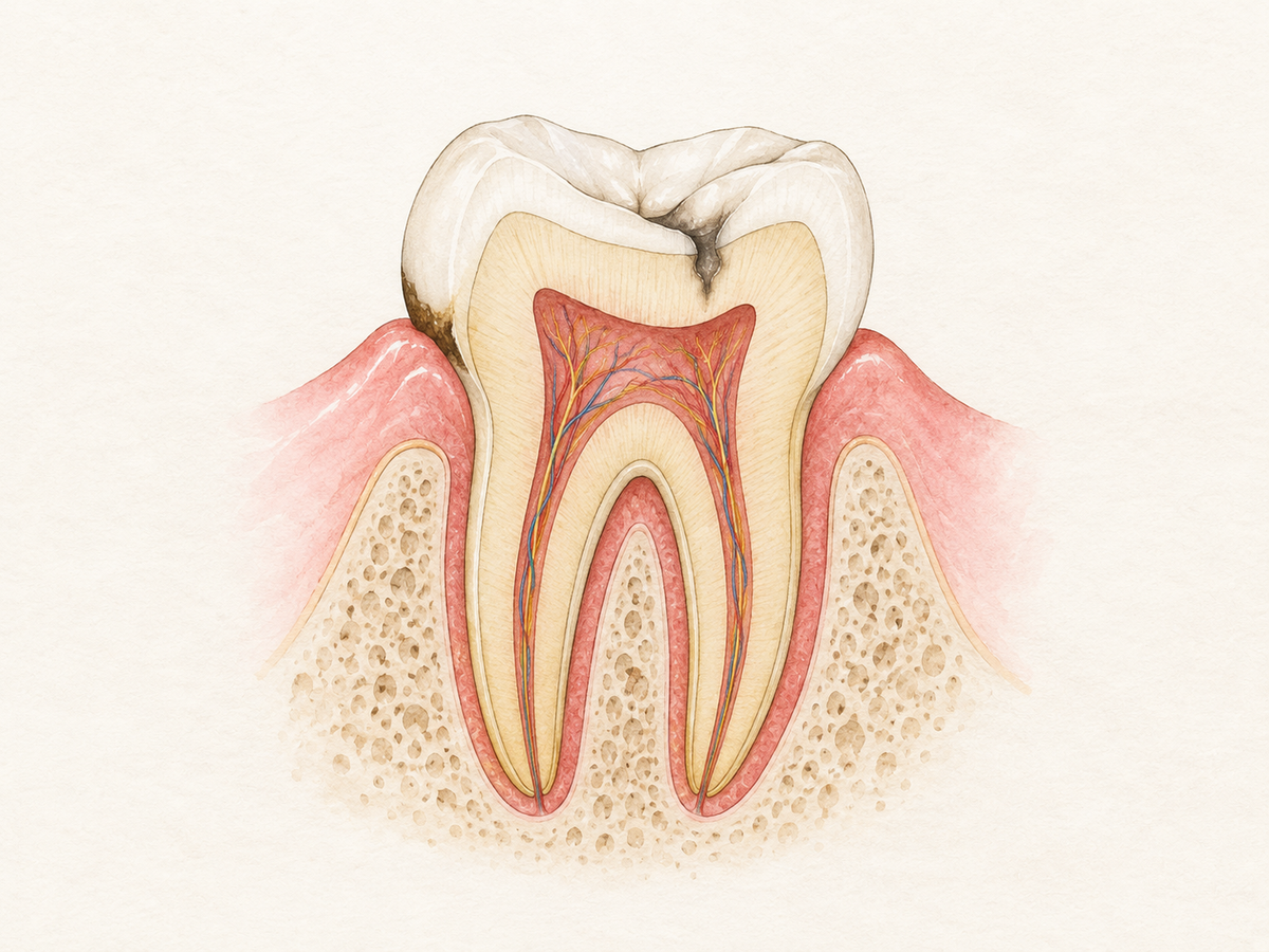 Cross-section of a tooth at the gumline showing a dark surface stain on the enamel and a deeper dark area extending into dentin, illustrating that black spots can have different causes beneath the surface.