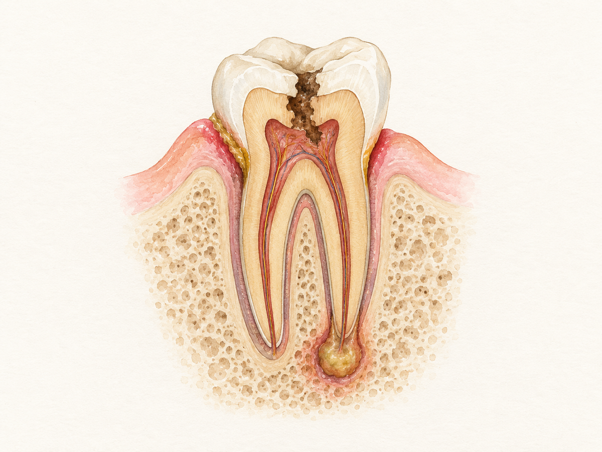 A cross-section of a lower molar and surrounding gum shows plaque along the gum line, a cavity reaching the pulp, and a contained abscess at the root tip, illustrating how common tooth and gum infections develop.
