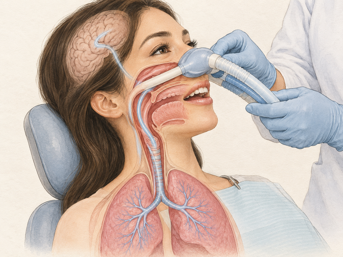A calm patient reclined in a dental chair wears a nasal mask; a cutaway view traces nitrous oxide and oxygen from the nose and lungs toward the brain, showing conscious sedation while the patient stays awake.