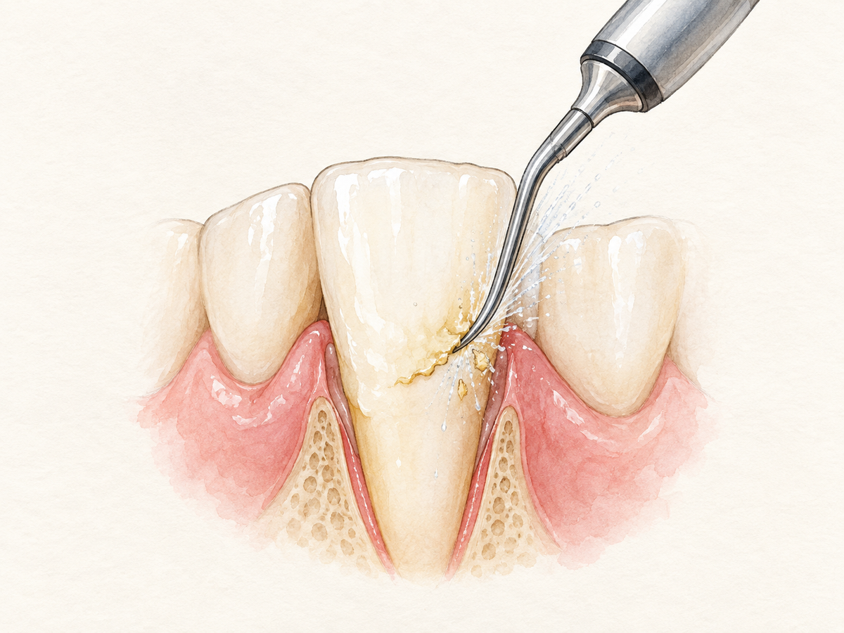 A close view of a dental prophylaxis cleaning: an ultrasonic scaler tip removes soft plaque and a bit of hardened tartar from the gumline of a healthy lower tooth while a water spray rinses the enamel; surrounding gums appear pink and uninflamed.