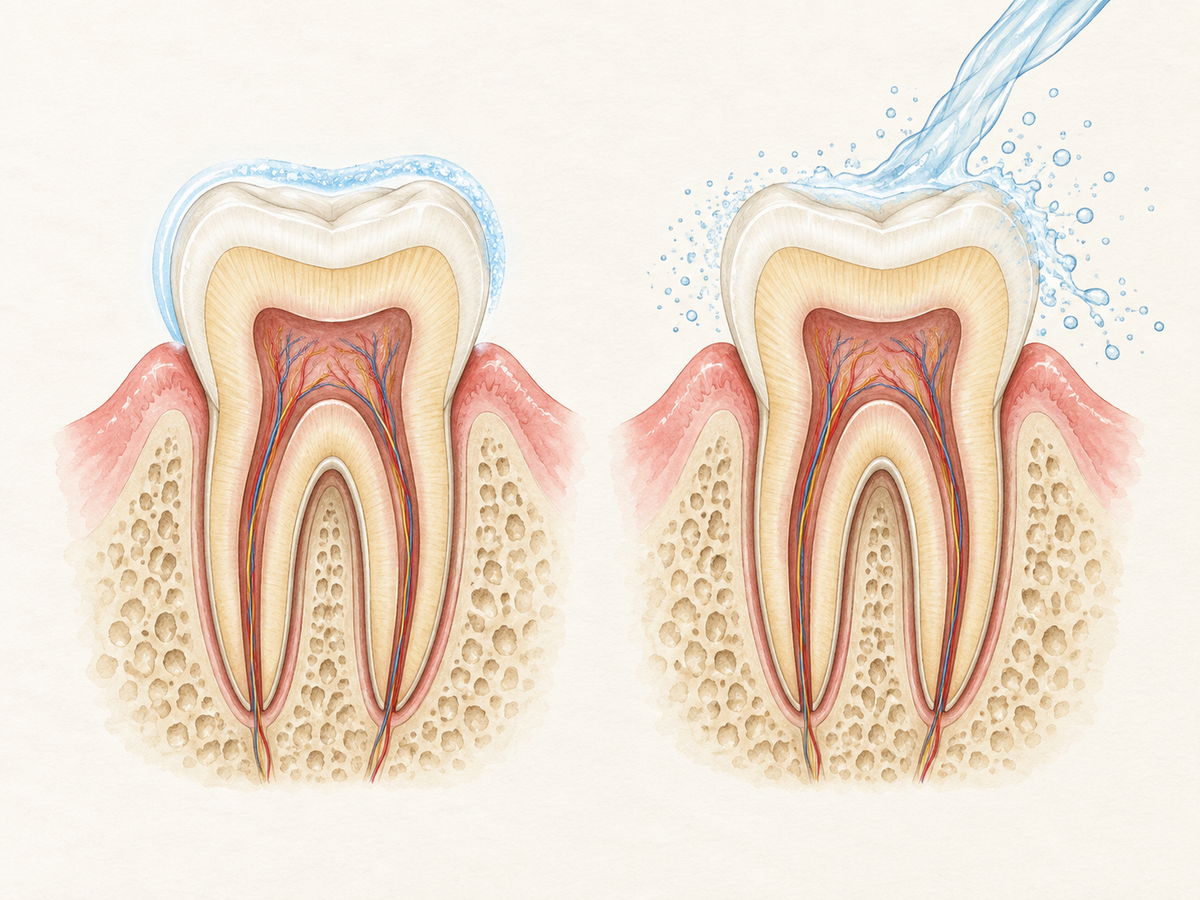 Two tooth cross-sections in gum tissue compare post-brushing care: one retains a protective mineral coating on enamel, while the other exposed to mouthwash shows the coating diluted and dispersed, leaving enamel less shielded.