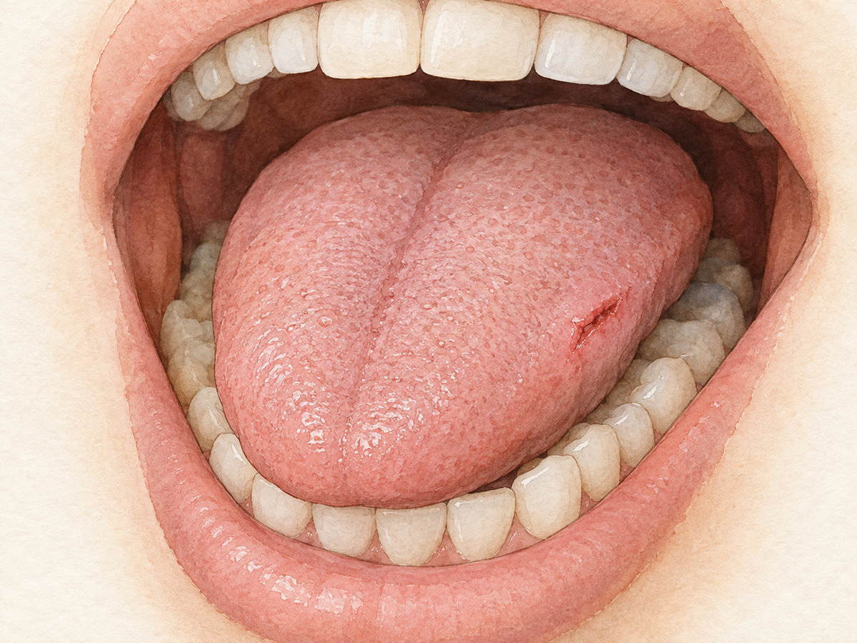 A close view inside a softly opened mouth shows the tongue resting between the upper and lower teeth, with a small shallow bite wound along the side of the tongue, indicating where tongue bites occur and how they look during healing.