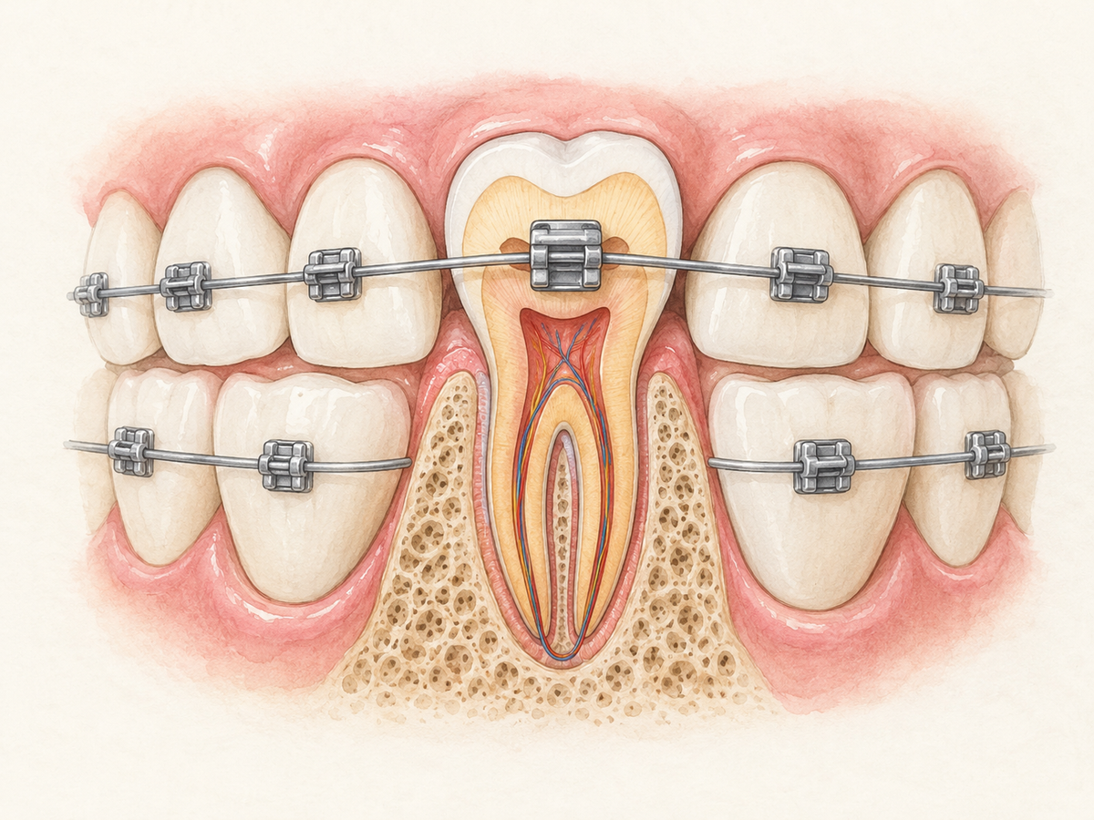 Adult upper and lower teeth with orthodontic braces, shown in cross-section with healthy gums, roots, and supporting bone, illustrating supervised orthodontic treatment.