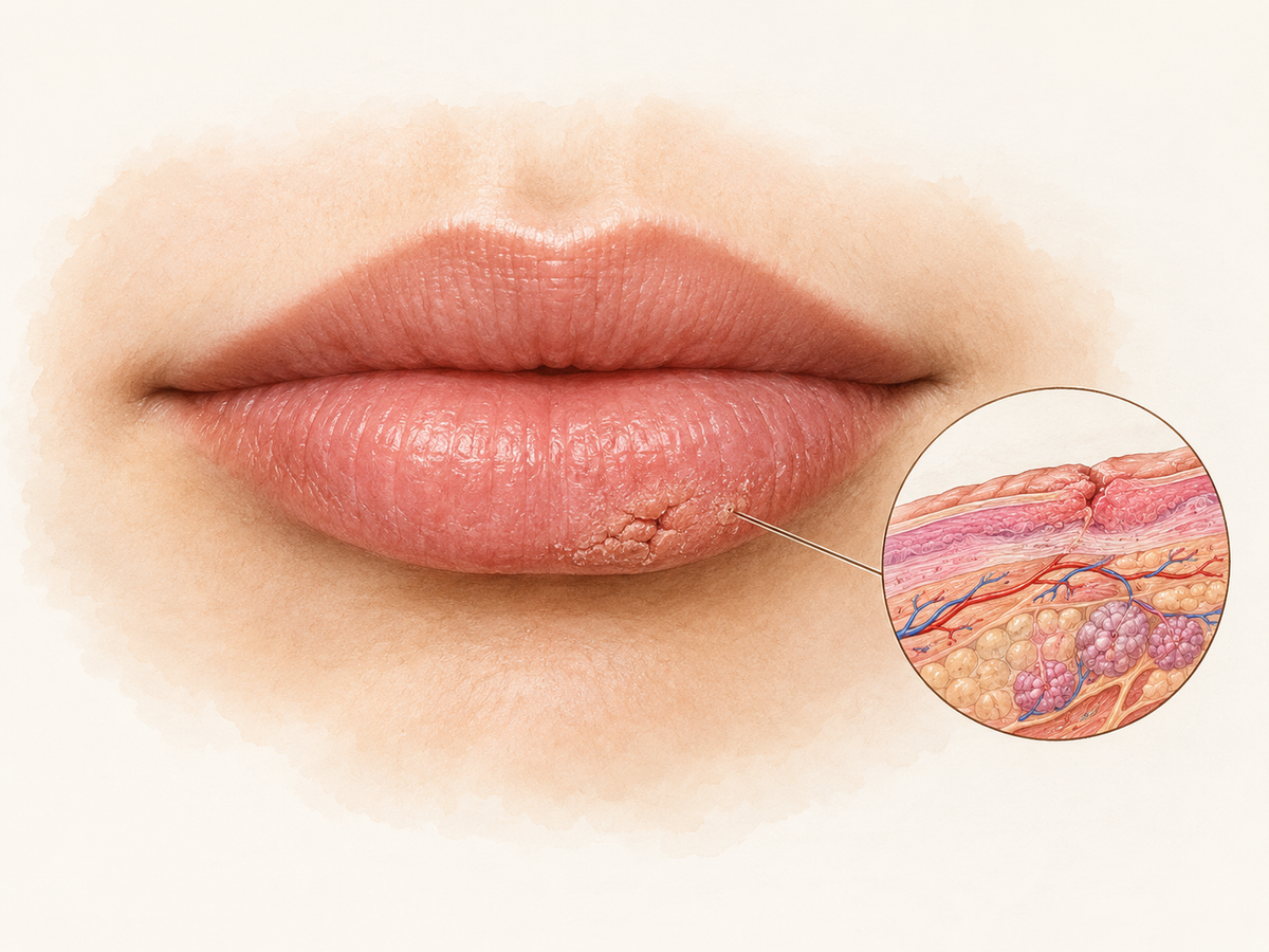Close-up anatomical view of a lower lip with a small healing split and rough edge from repeated biting, shown alongside a subtle cross-section of lip tissue layers to illustrate surface damage and healing.