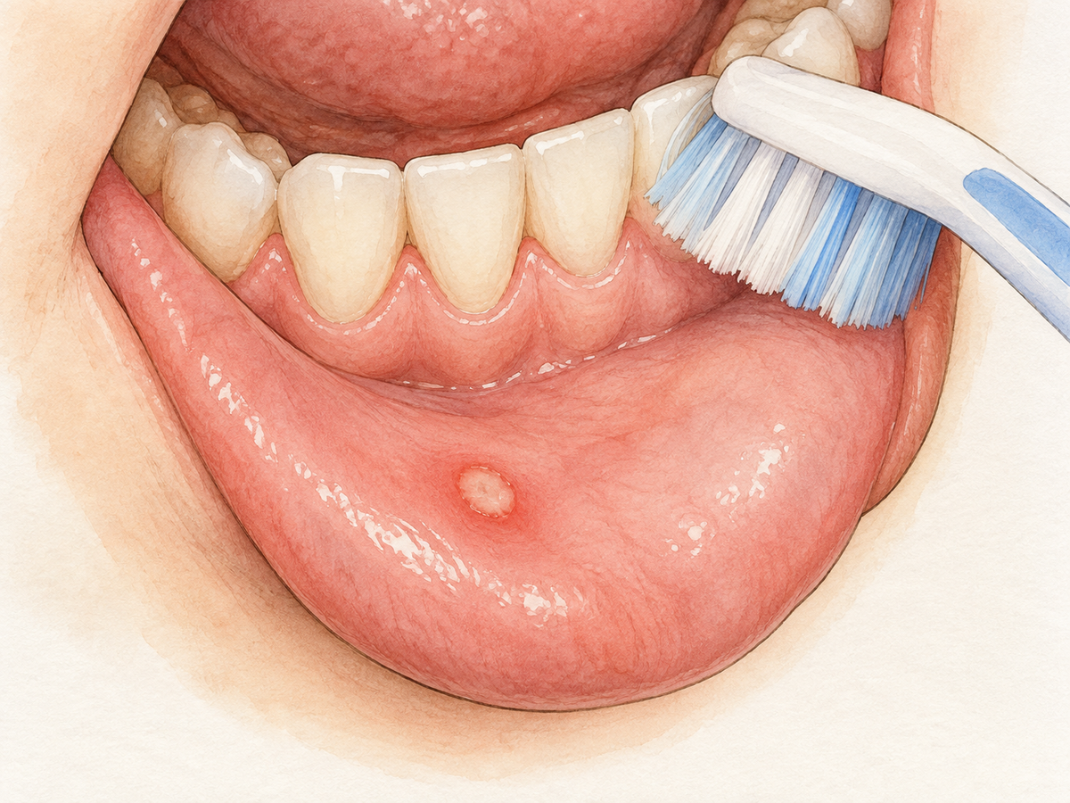 Inside view of the lower lip and front teeth shows a small canker sore on the pink inner lip lining, with a soft toothbrush gently cleaning nearby teeth and gums. The scene connects canker sores with gentle daily oral care.