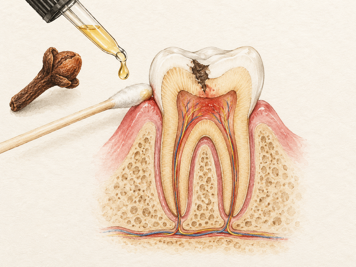 A cross-section of a molar shows a small cavity in the dentin and inflamed pulp, while a cotton swab applies diluted clove oil to the nearby gum, representing temporary pain relief that does not treat the underlying decay.