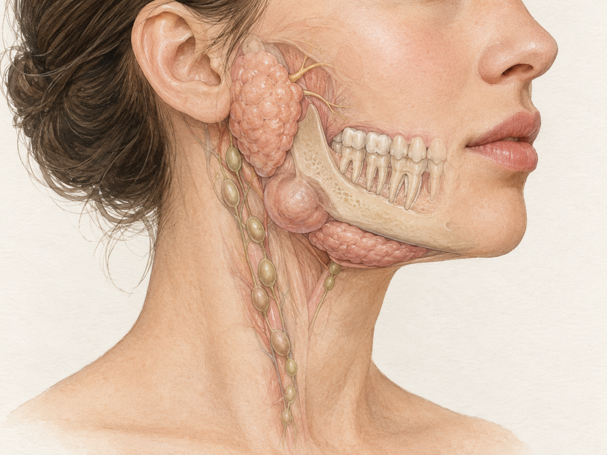A cutaway view of the jaw and upper neck shows a swelling along the jawline, with nearby lymph nodes, salivary glands, and molar roots, helping explain possible sources of a jaw lump.