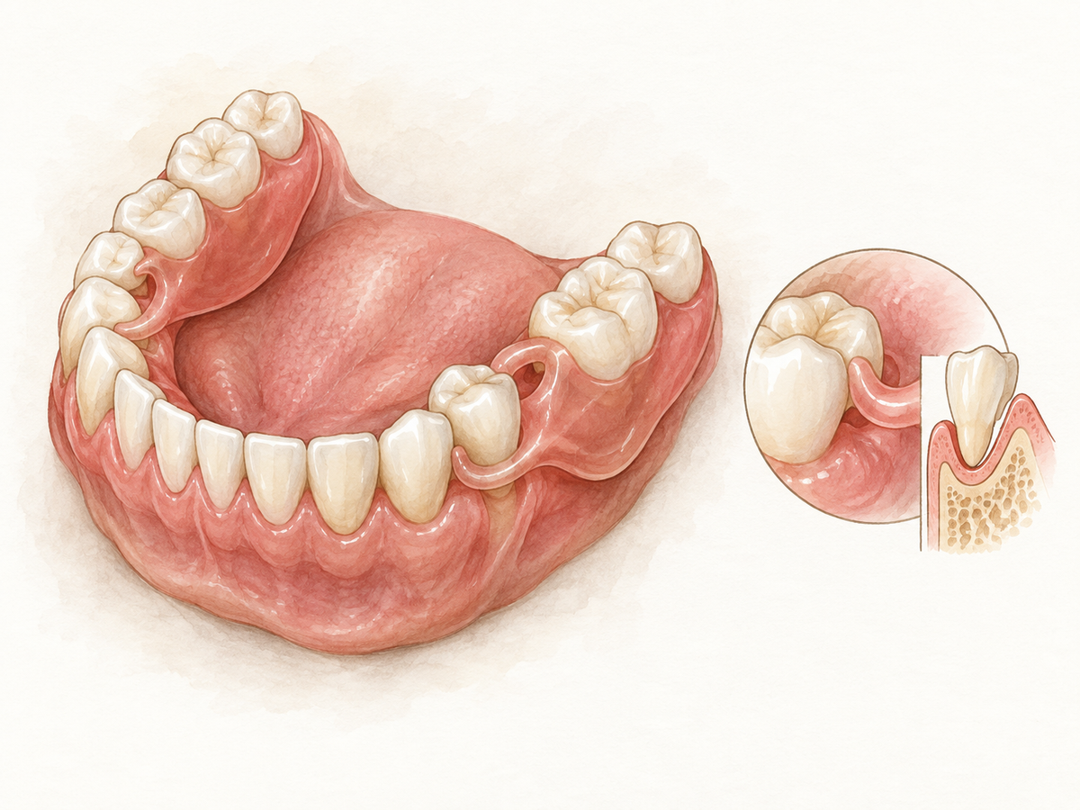 A flexible partial denture with a pink thermoplastic base replaces missing lower back teeth, while its thin gum-colored extensions curve around remaining natural teeth and settle into undercuts, showing how it stays in place without metal clasps.
