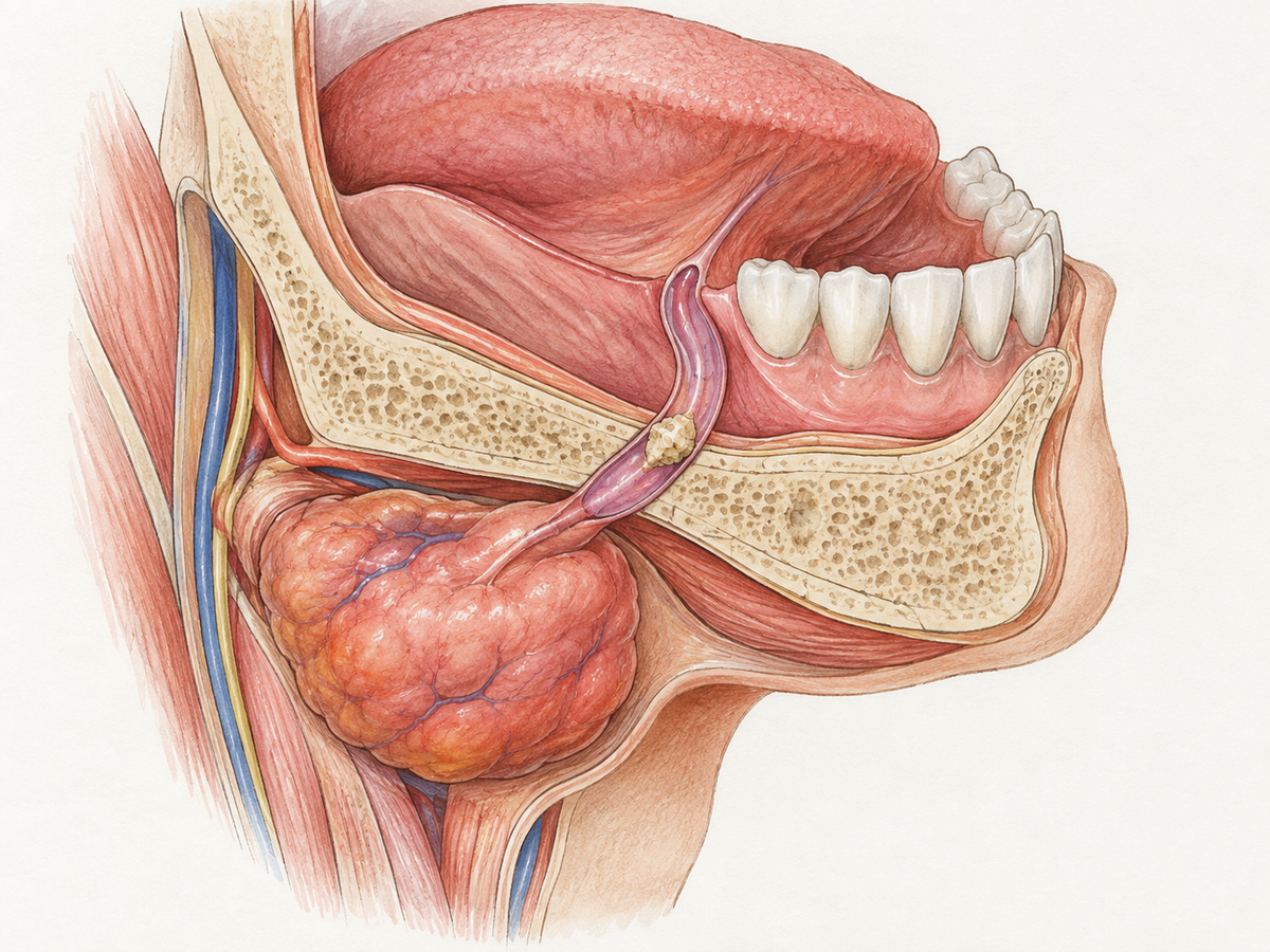A cross-section of the lower jaw and floor of the mouth shows a submandibular gland and Wharton's duct, with a small salivary stone blocking the duct and backed-up saliva swelling the gland.